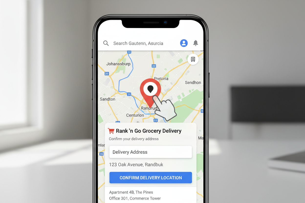 a picture showing choosing a delivery location in Gauteng on google maps